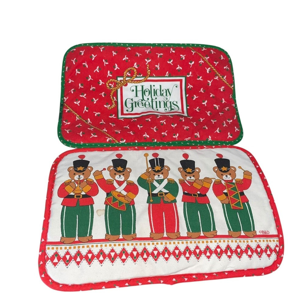 Vintage‎ Holiday Casserole Trivet Bears Marching Band  13.5" x 9" Pot Holder Set